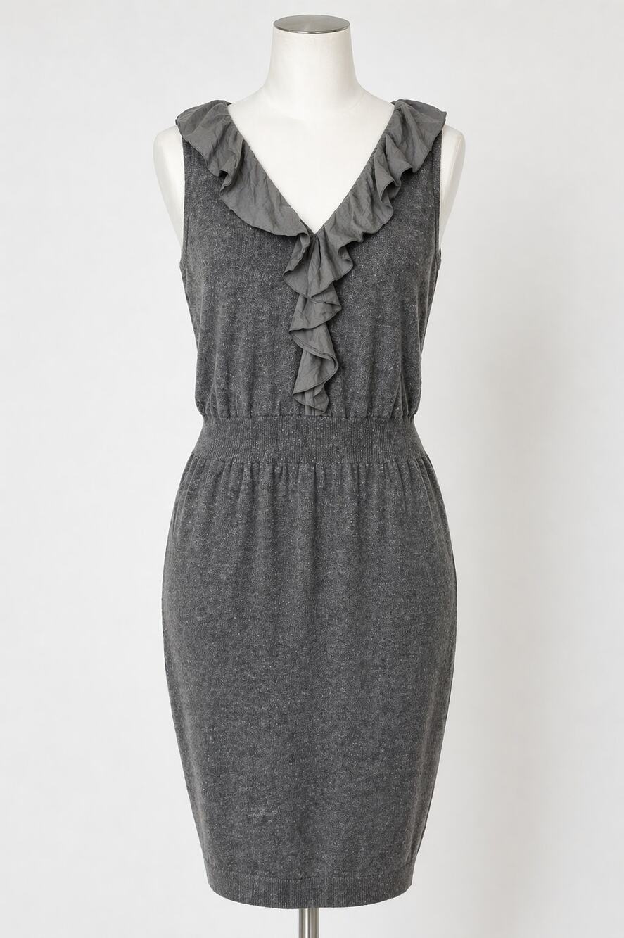 LOFT Ann Taylor Gray Ruffle Neck Sleeveless Sweater Dress Merino Wool Size Large